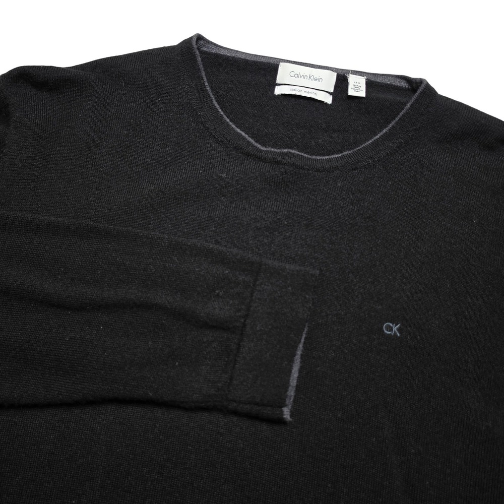 Calvin Klein Mens Sweater Large Black Italian Merino Wool Crew Neck Layering
